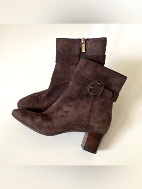 Bandolino Brown Suede Heeled Boots, Size 6 Leather Upper with Gold Accents